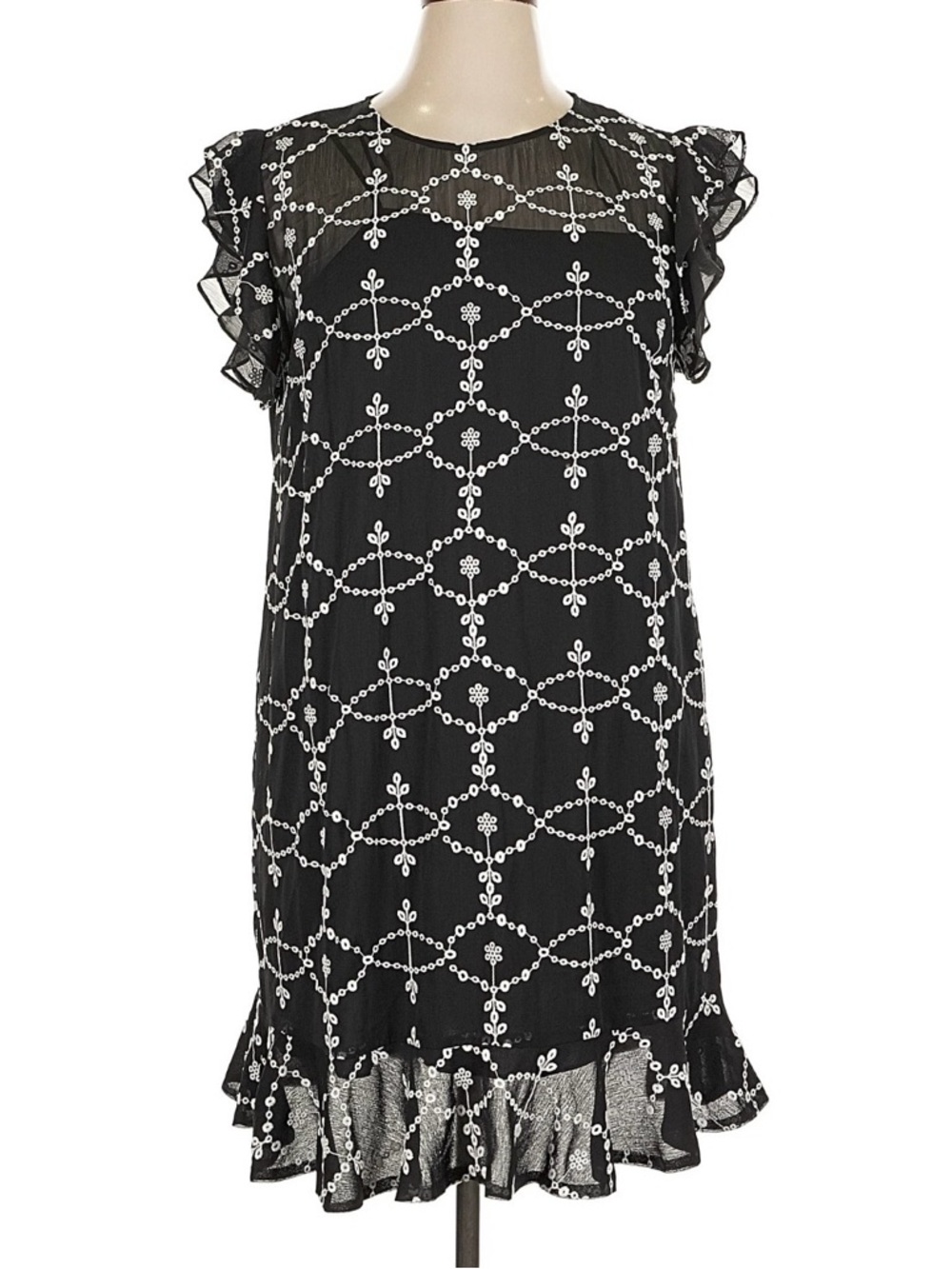 CeCe Black Mini shift Dress with White Geometric Print